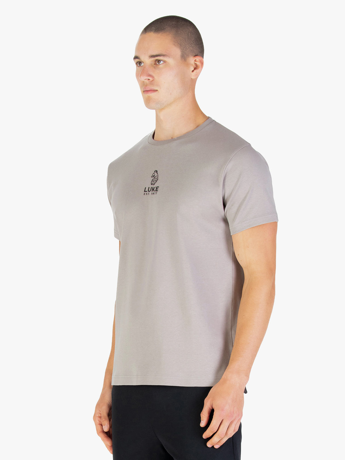 Men's grey t-shirt with crew neck and short sleeves worn by a model - side view.