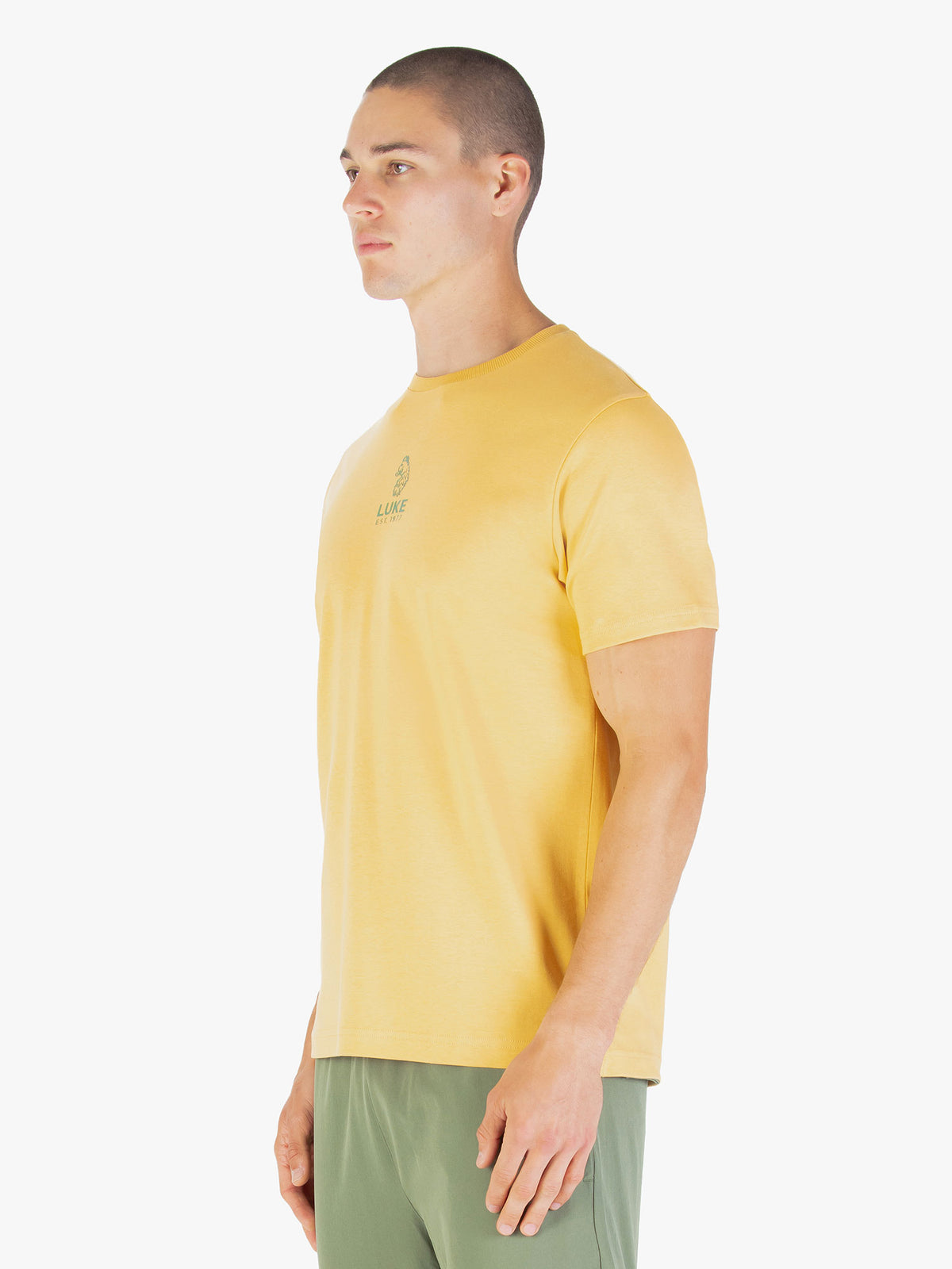 Men's yellow t-shirt with crew neck and short sleeves.