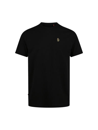 Men's black t-shirt with crew neck and short sleeves, front view