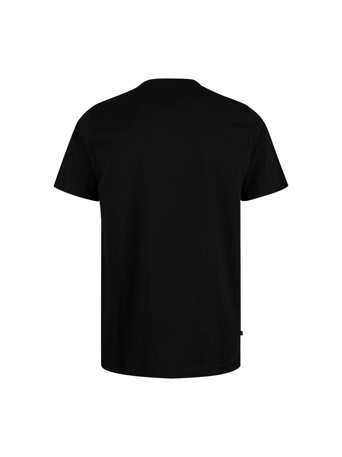 Men's black t-shirt with crew neck and short sleeves, side view
