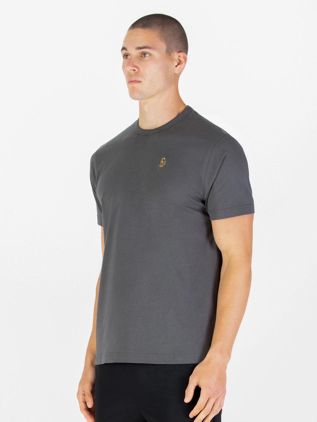 Men's grey t-shirt with crew neck and short sleeves, back view