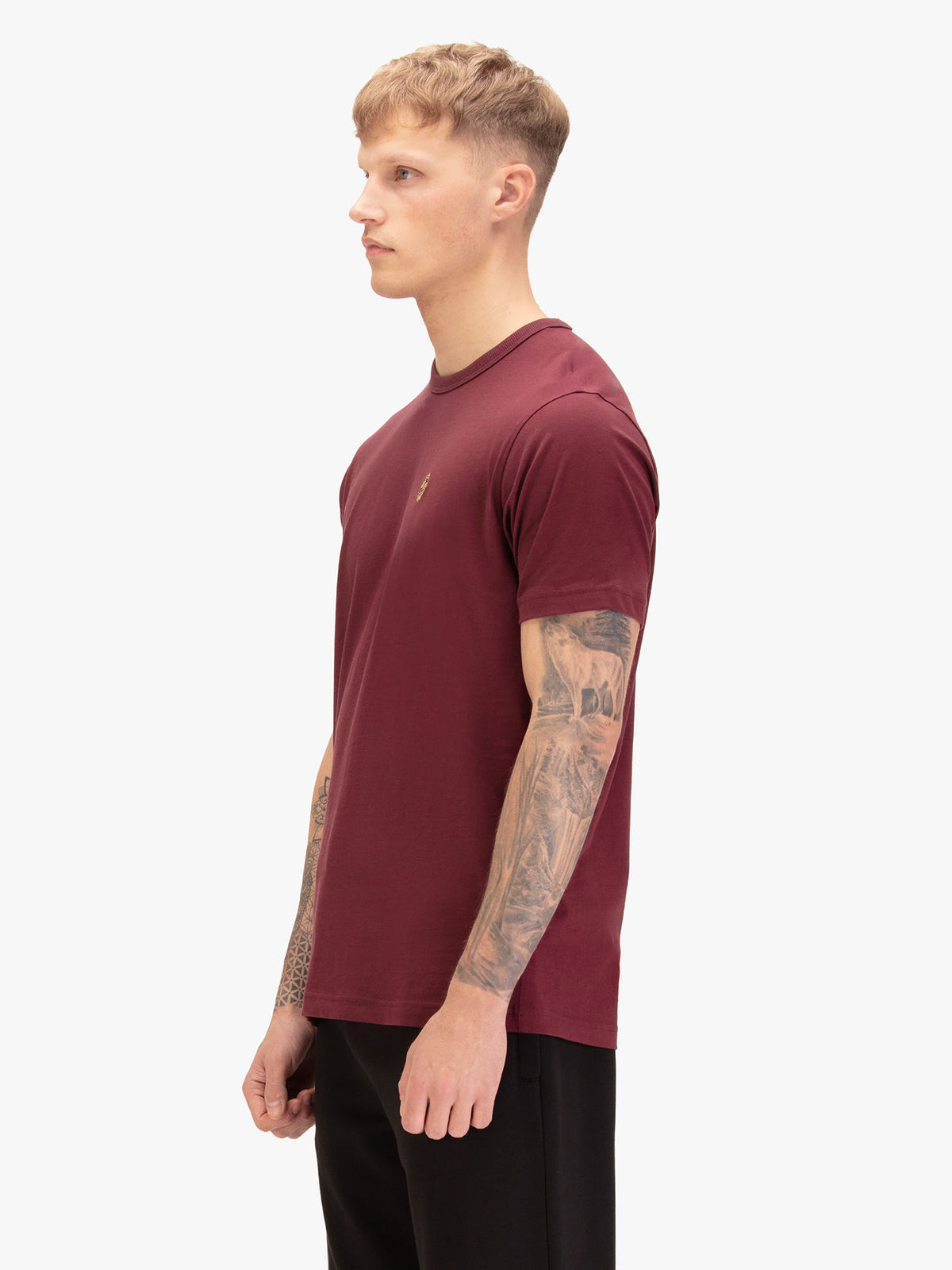 Men's red t-shirt with crew neck and short sleeves, worn by a model, side view