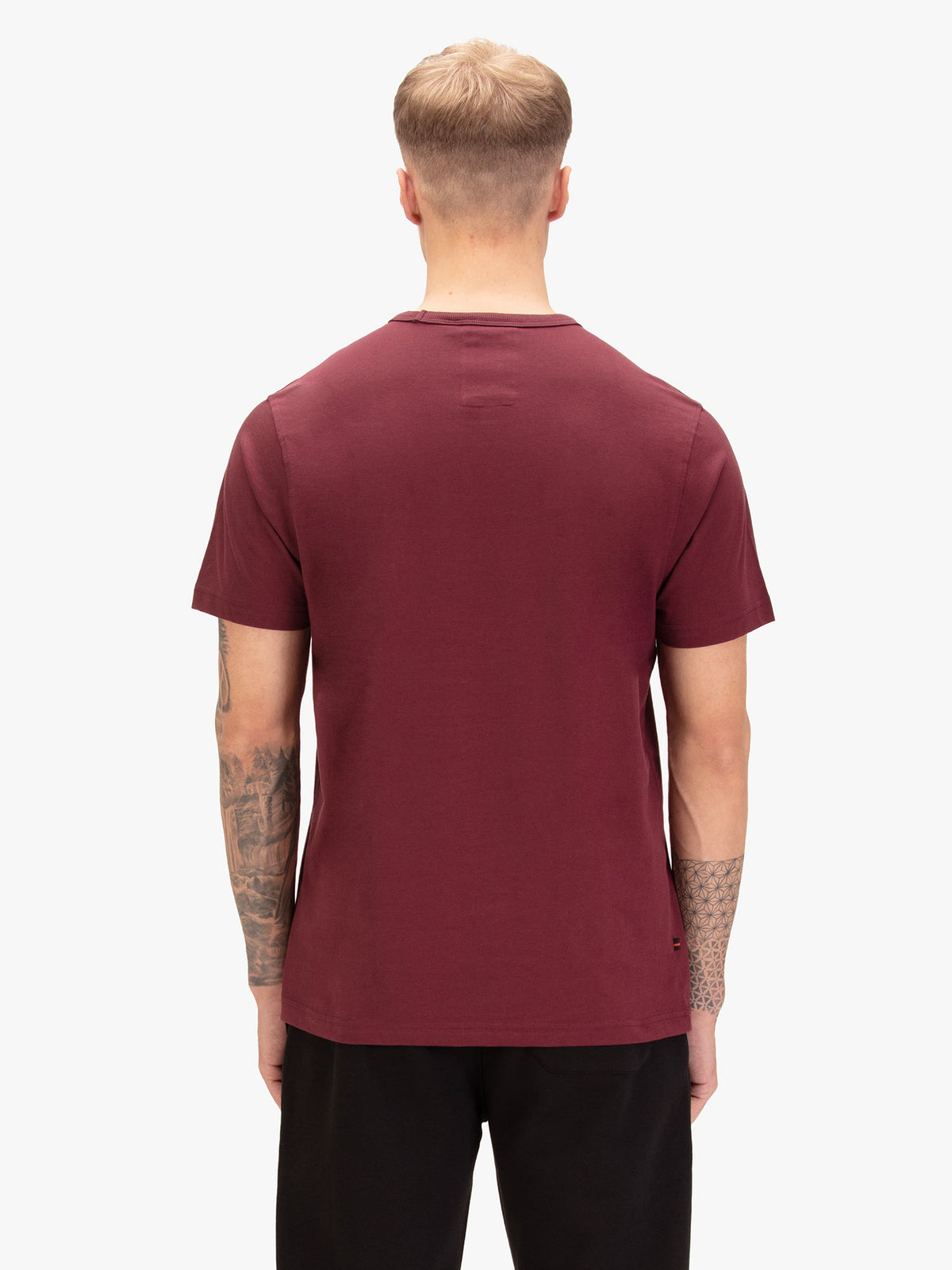 Men's red t-shirt with crew neck and short sleeves, worn by a model, back view
