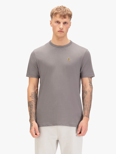Men's grey t-shirt with crew neck and short sleeves, worn by a model, front view