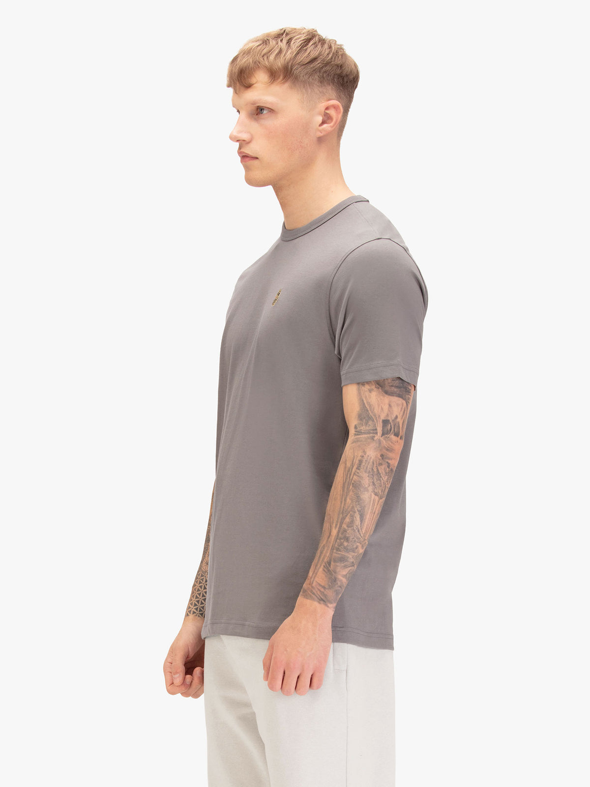Men's grey t-shirt with crew neck and short sleeves, worn by a model, side view