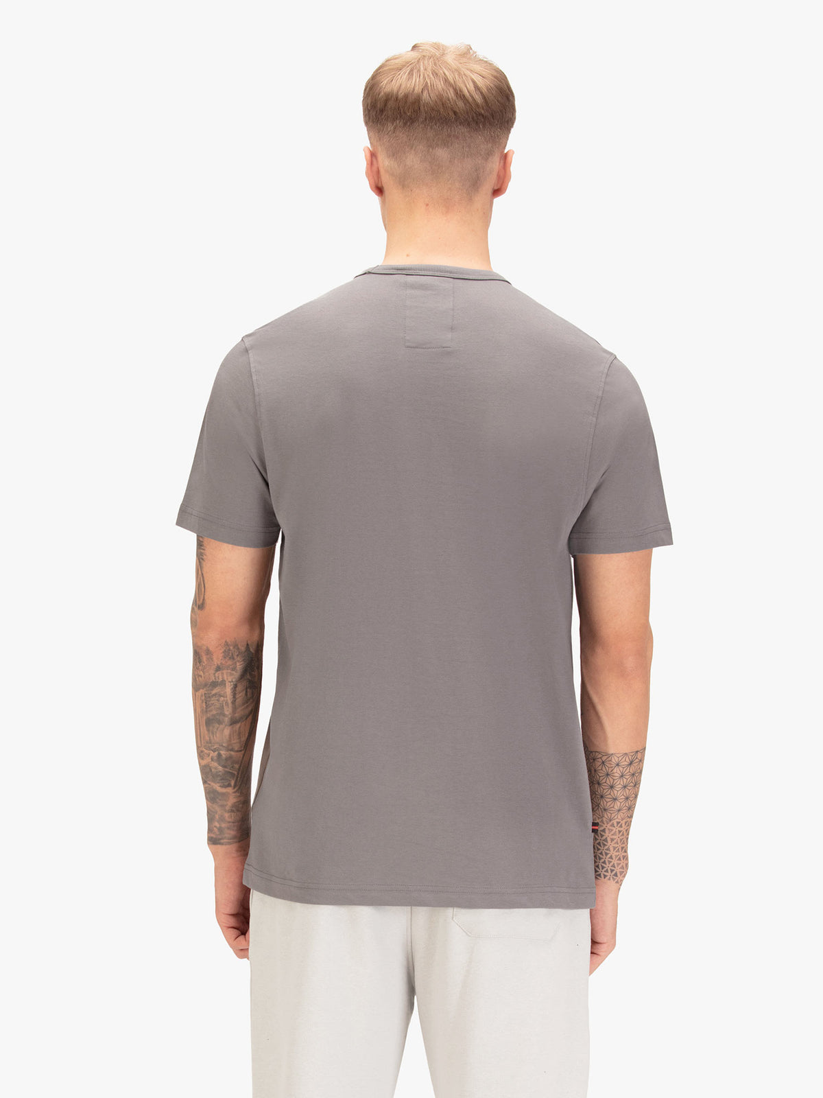 Men's grey t-shirt with crew neck and short sleeves, worn by a model, back view