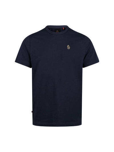 Men's navy t-shirt with crew neck and short sleeves, front view