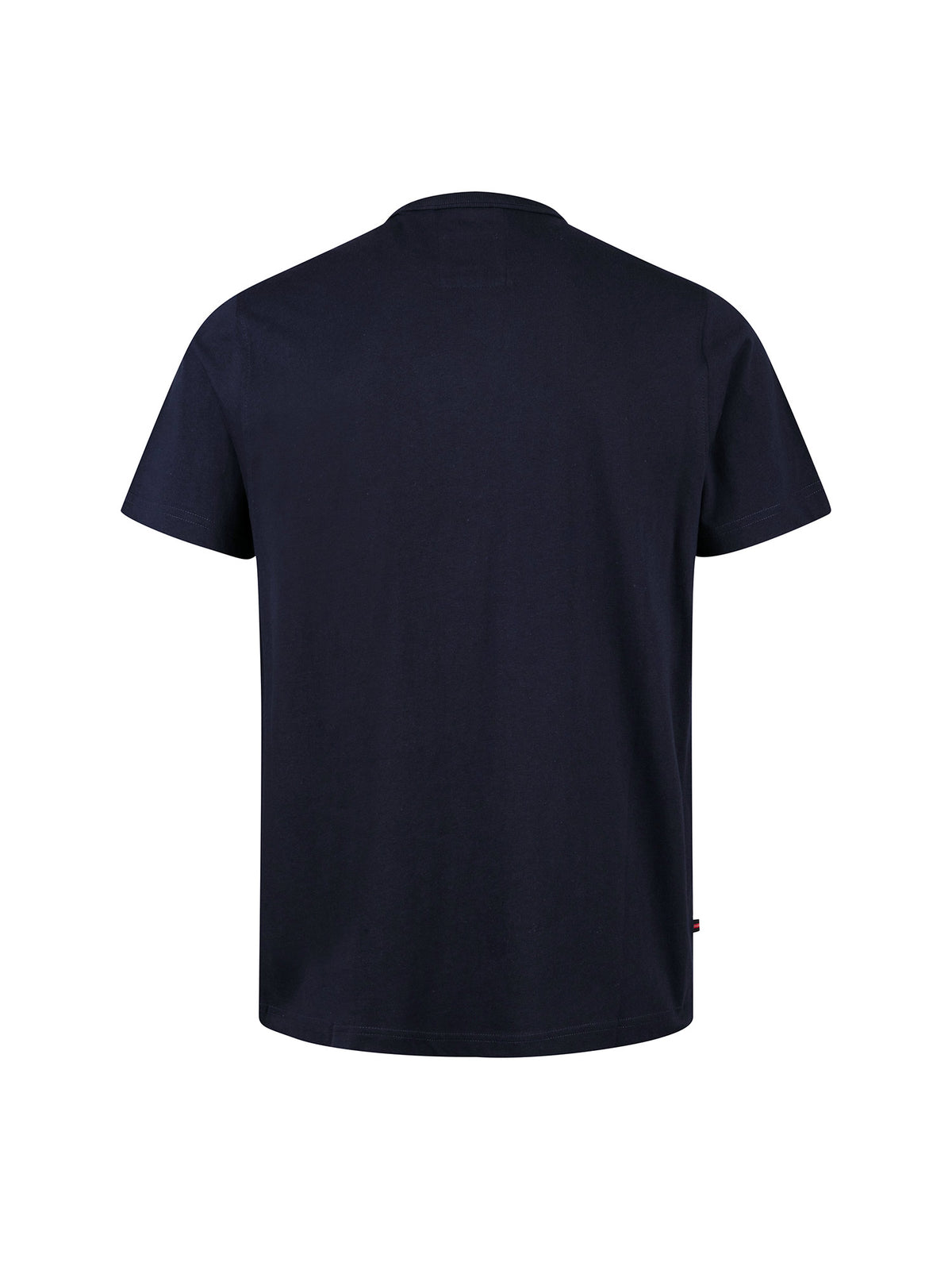 Men's navy t-shirt with crew neck and short sleeves, back view