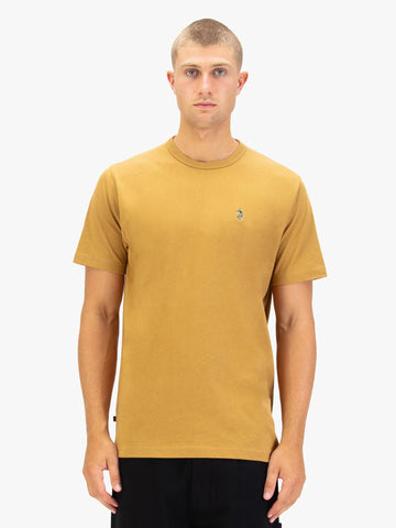 Men's yellow t-shirt with crew neck and short sleeves worn by a model - front view.