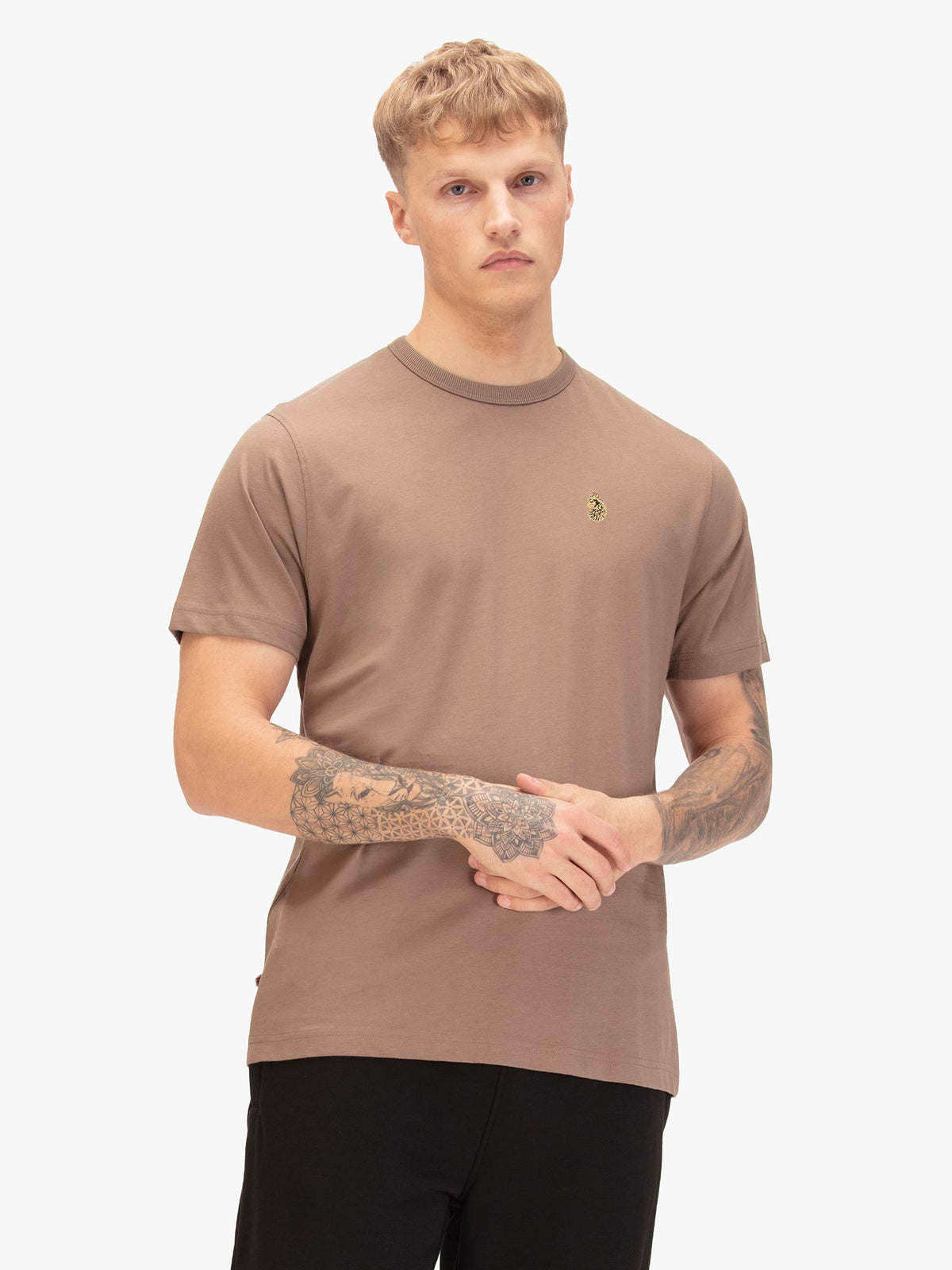 Men's brown t-shirt with crew neck and short sleeves, worn by a model, front view