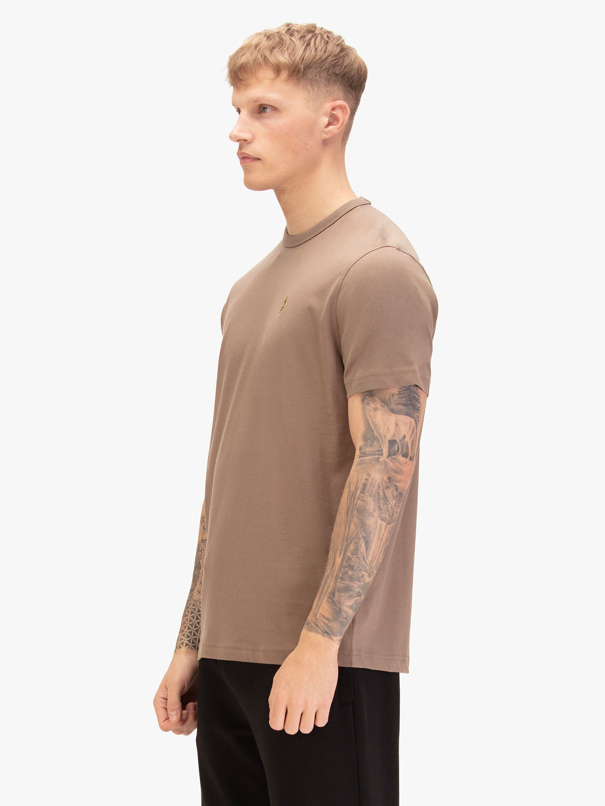 Men's brown t-shirt with crew neck and short sleeves, worn by a model, side view