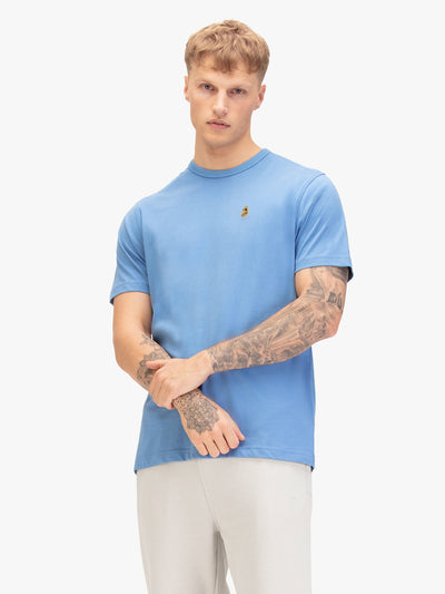 Men's blue t-shirt with crew neck and short sleeves, front view