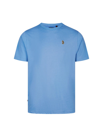 Men's blue t-shirt with crew neck and short sleeves, front view