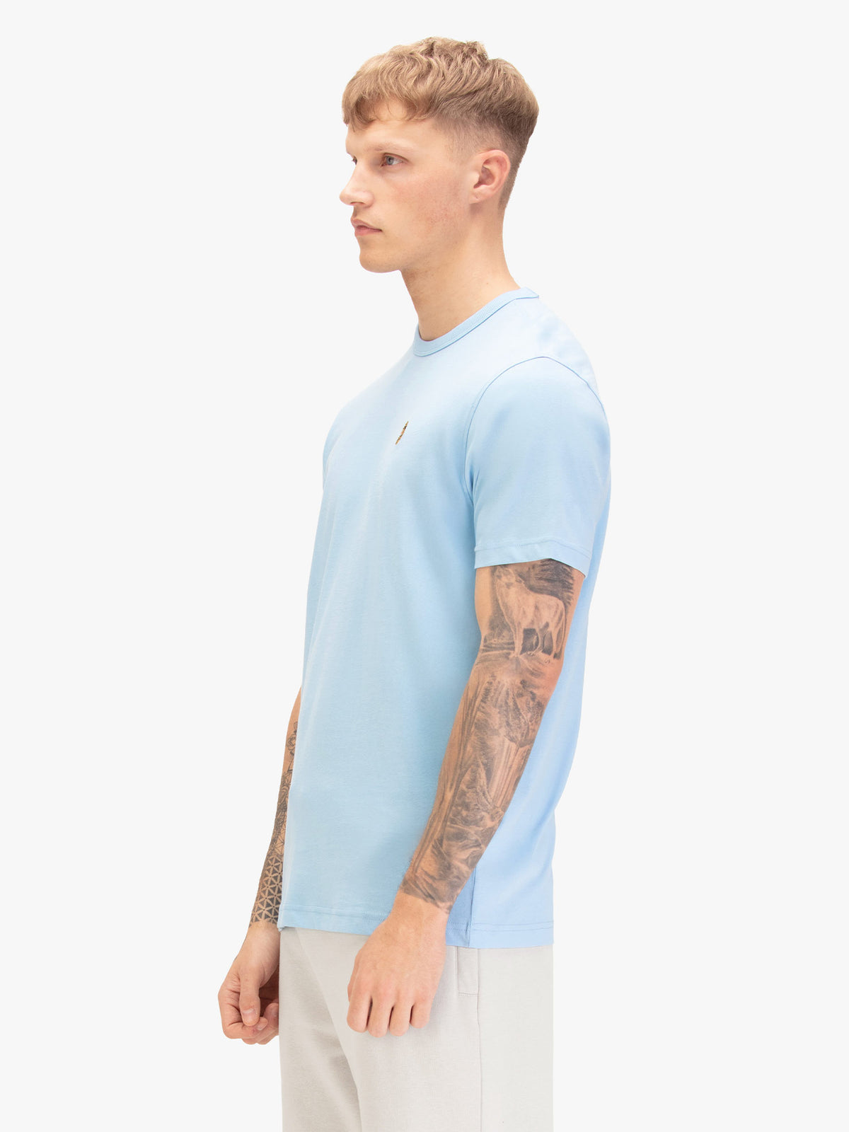 Men's blue-1 t-shirt with crew neck and short sleeves, back view