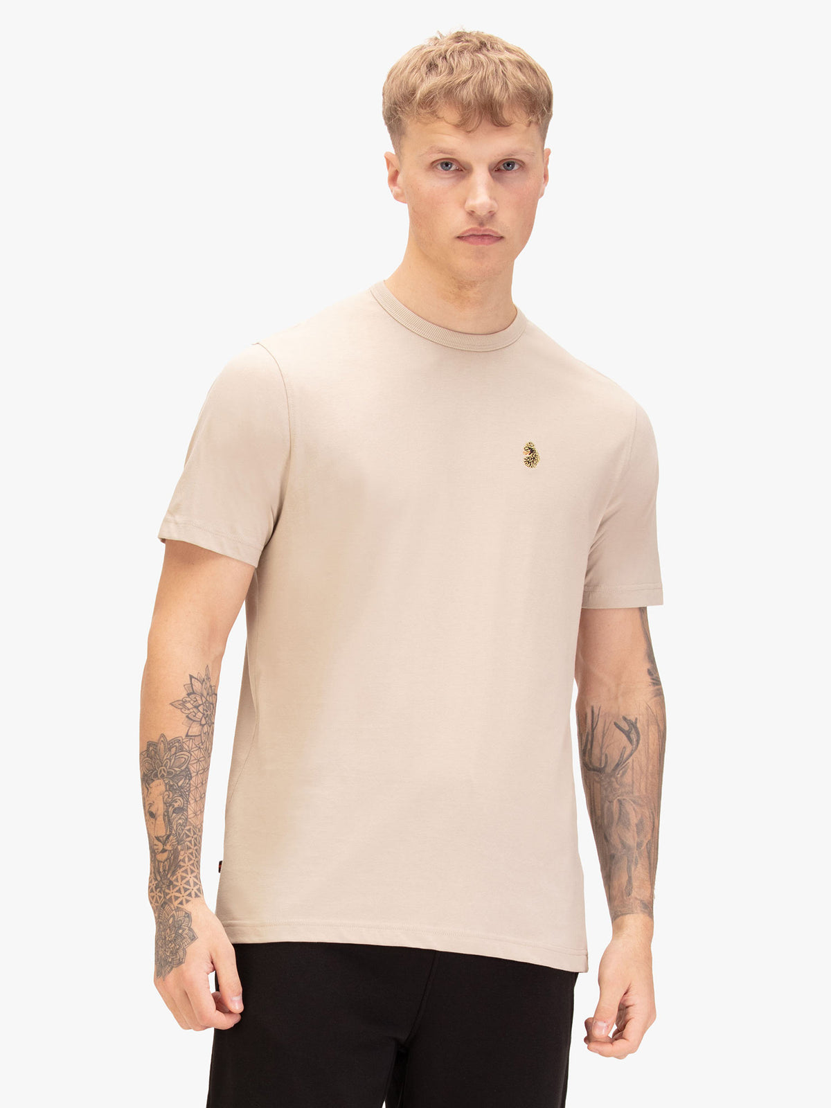 Men's beige t-shirt with crew neck and short sleeves, worn by a model, front view