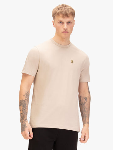 Men's beige t-shirt with crew neck and short sleeves, worn by a model, front view