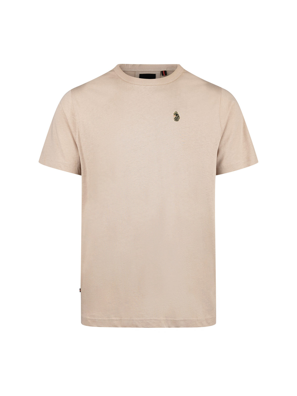 Men's beige t-shirt with crew neck and short sleeves, front view
