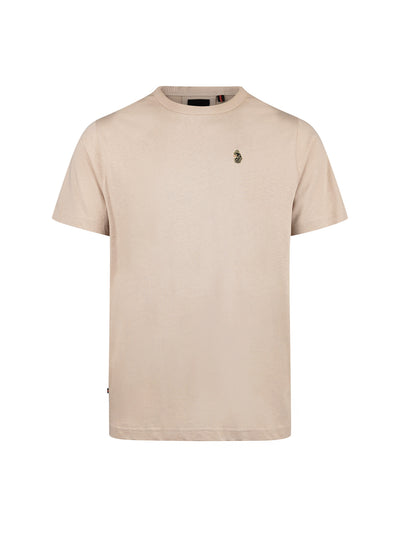 Men's beige t-shirt with crew neck and short sleeves, front view