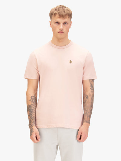 Men's pink t-shirt with crew neck and short sleeves, front view
