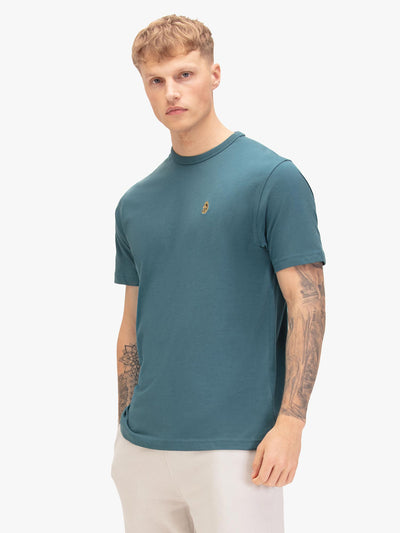 Men's blue t-shirt with crew neck and short sleeves, front view