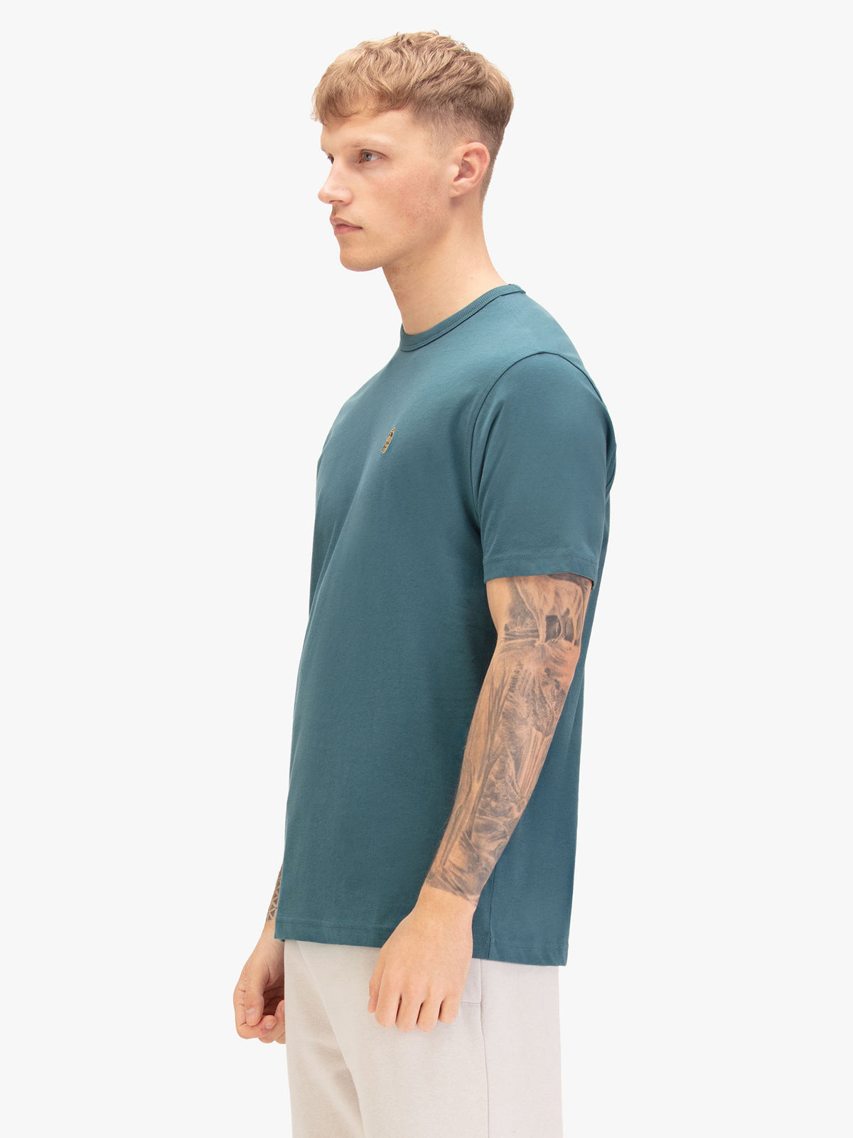Men's blue t-shirt with crew neck and short sleeves, back view