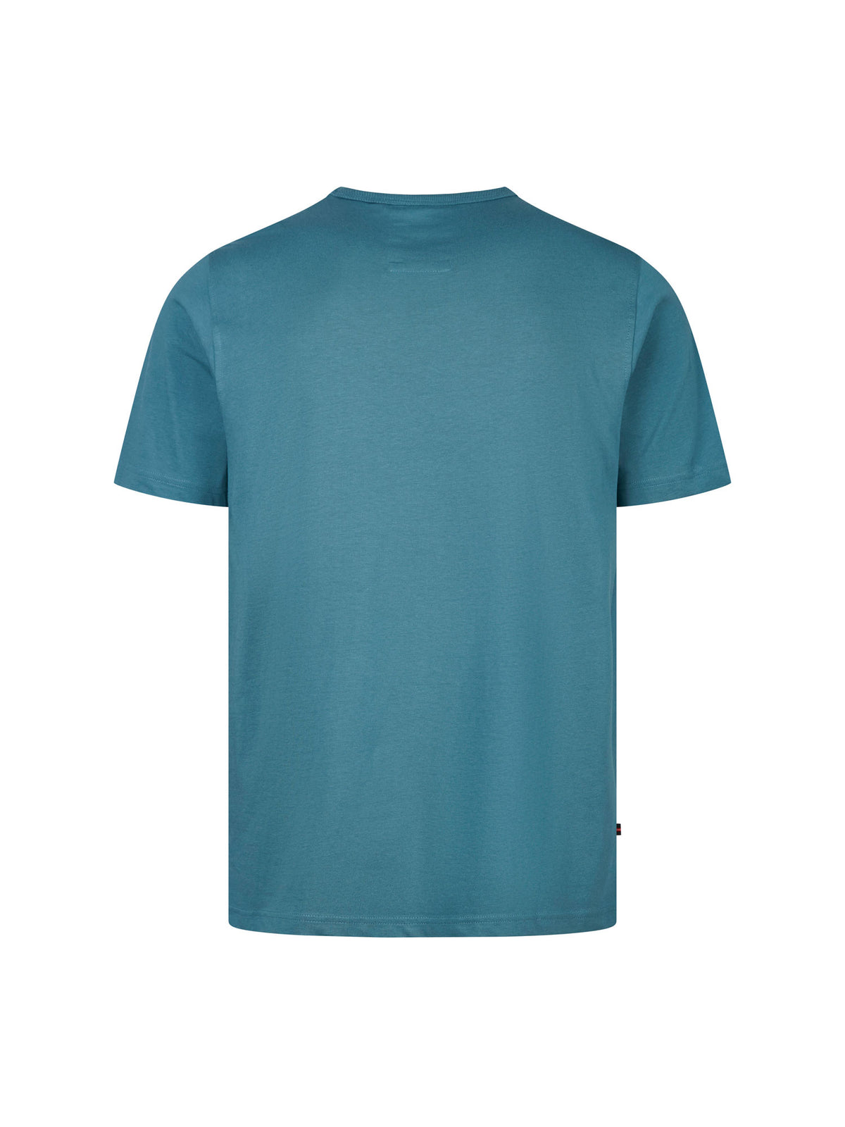 Men's blue t-shirt with crew neck and short sleeves, side view