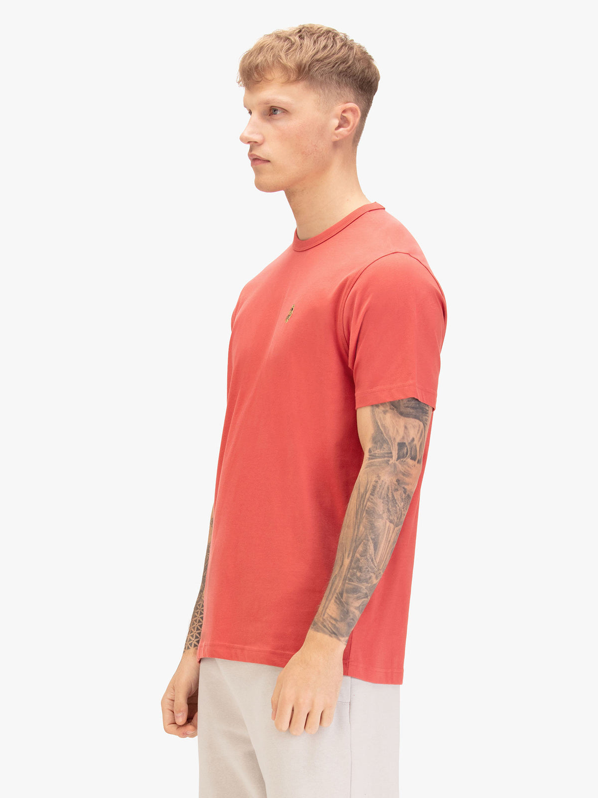 Men's red t-shirt with crew neck and short sleeves, back view