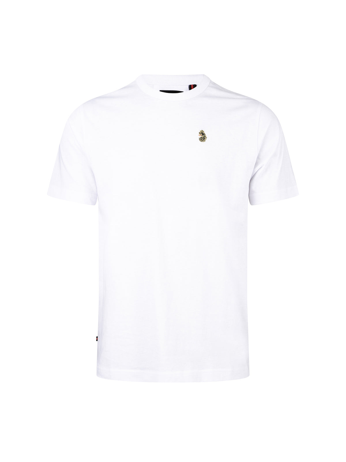 Men's white t-shirt with crew neck and short sleeves, front view