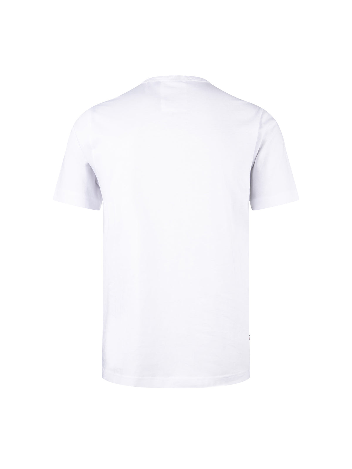 Men's white t-shirt with crew neck and short sleeves, side view