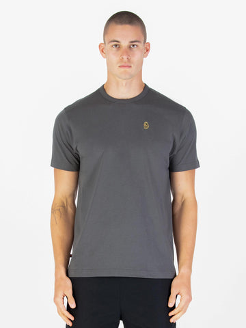 Man wearing charcoal LUKE 1977 Traffs 1000 pure cotton t-shirt, front view