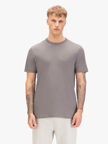 Man wearing grey LUKE 1977 Traffs 1000 pure cotton t-shirt, front view