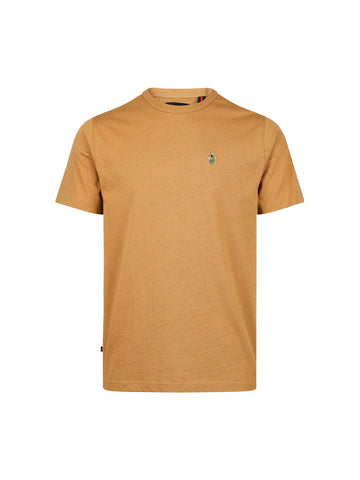 Boy's yellow t-shirt with crew neck and jersey, front view