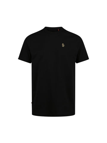 Boy's black t-shirt with crew neck and jersey, front view