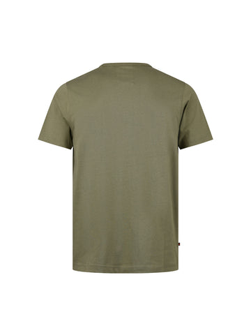 Boy's green t-shirt with crew neck and jersey, back view