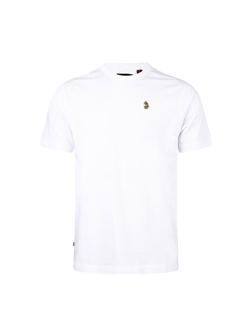 Boy's white t-shirt with crew neck and jersey, front view