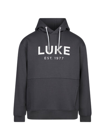 Men's relaxed-fit grey hoodie with front pocket and drawstring hood, front view