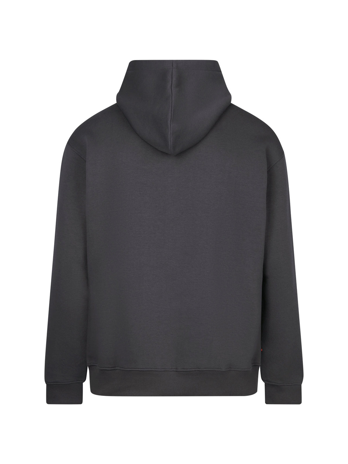 Men's relaxed-fit grey hoodie with front pocket and drawstring hood, back view