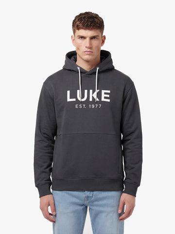Men's relaxed-fit grey hoodie with front pocket and drawstring hood, front view