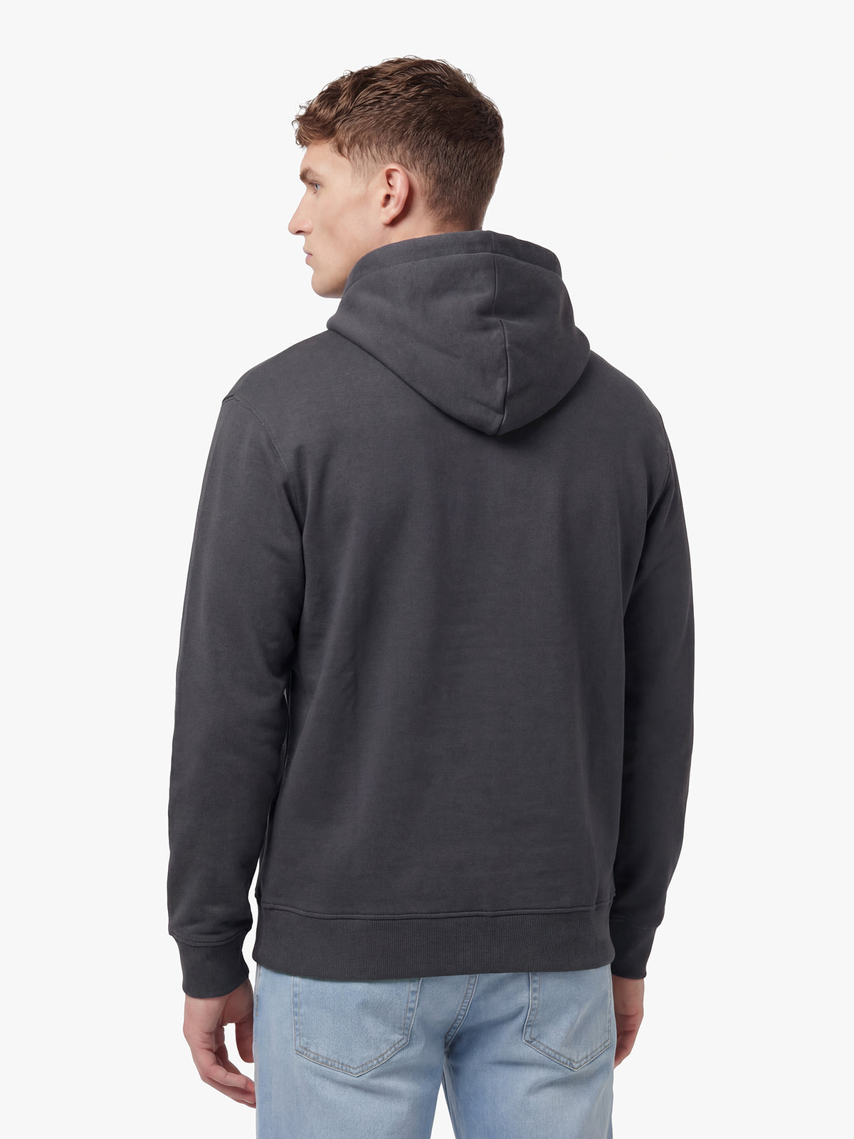 Men's relaxed-fit grey hoodie with front pocket and drawstring hood, detail view 1