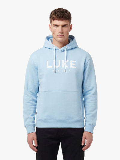 Men's relaxed-fit blue hoodie with front pocket and drawstring hood, front view