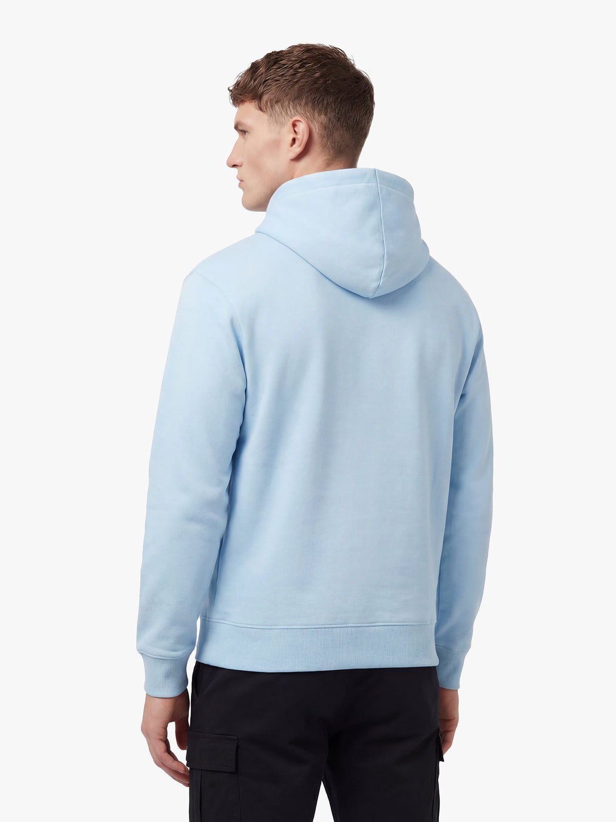 Men's relaxed-fit blue hoodie with front pocket and drawstring hood, detail view 1