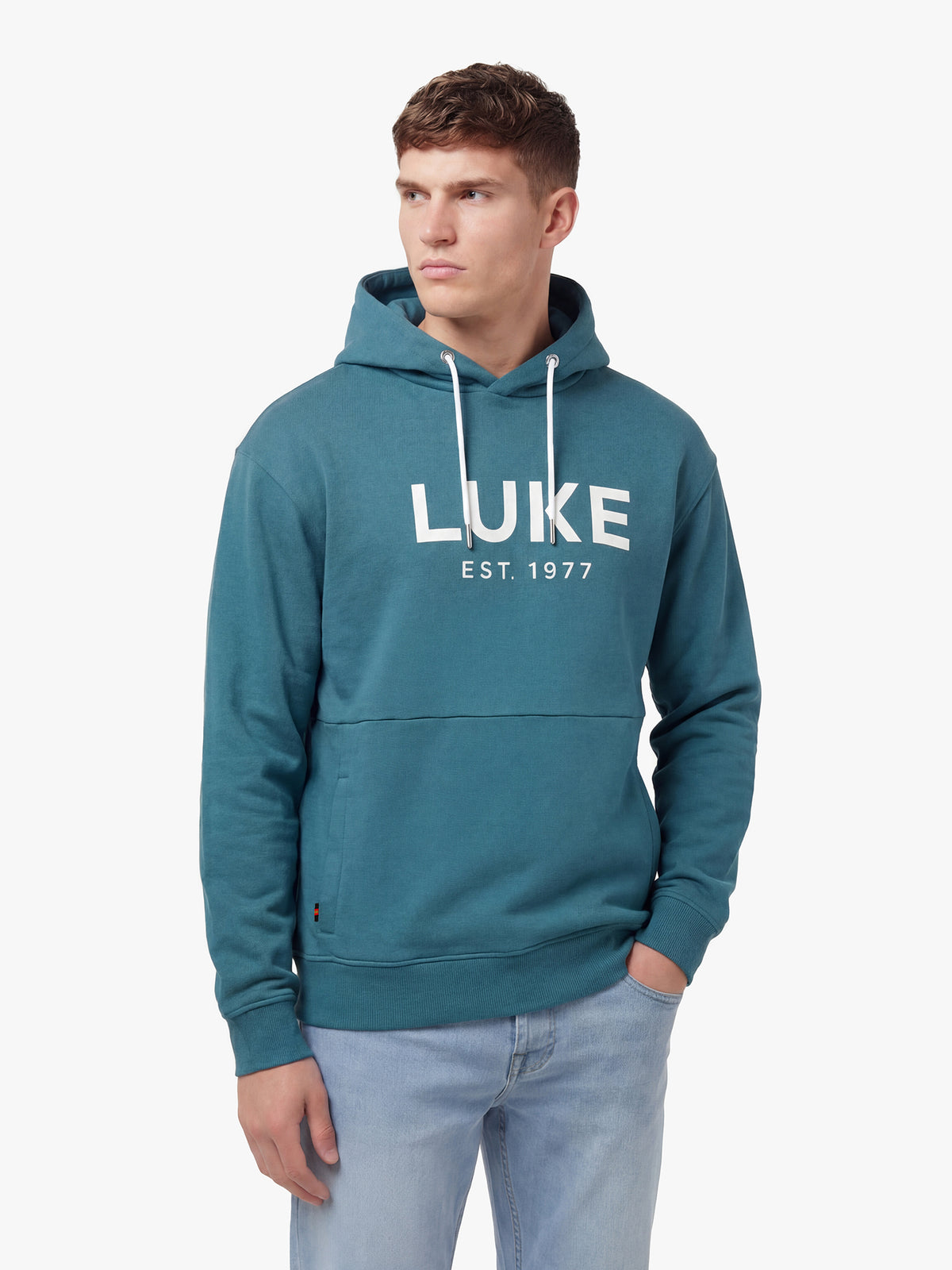 Men's relaxed-fit blue hoodie with front pocket and drawstring hood, back view