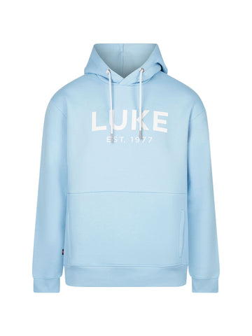 Men's relaxed-fit blue hoodie with front pocket and drawstring hood, front view