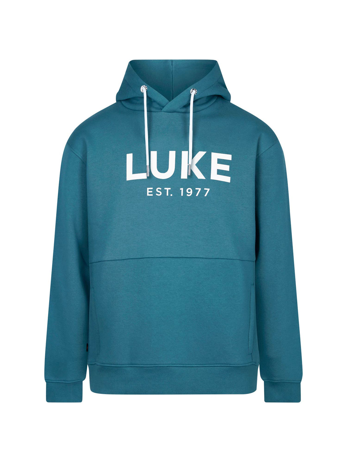 Men's relaxed-fit blue hoodie with front pocket and drawstring hood, front view