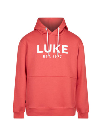 Men's relaxed-fit red hoodie with front pocket and drawstring hood, front view