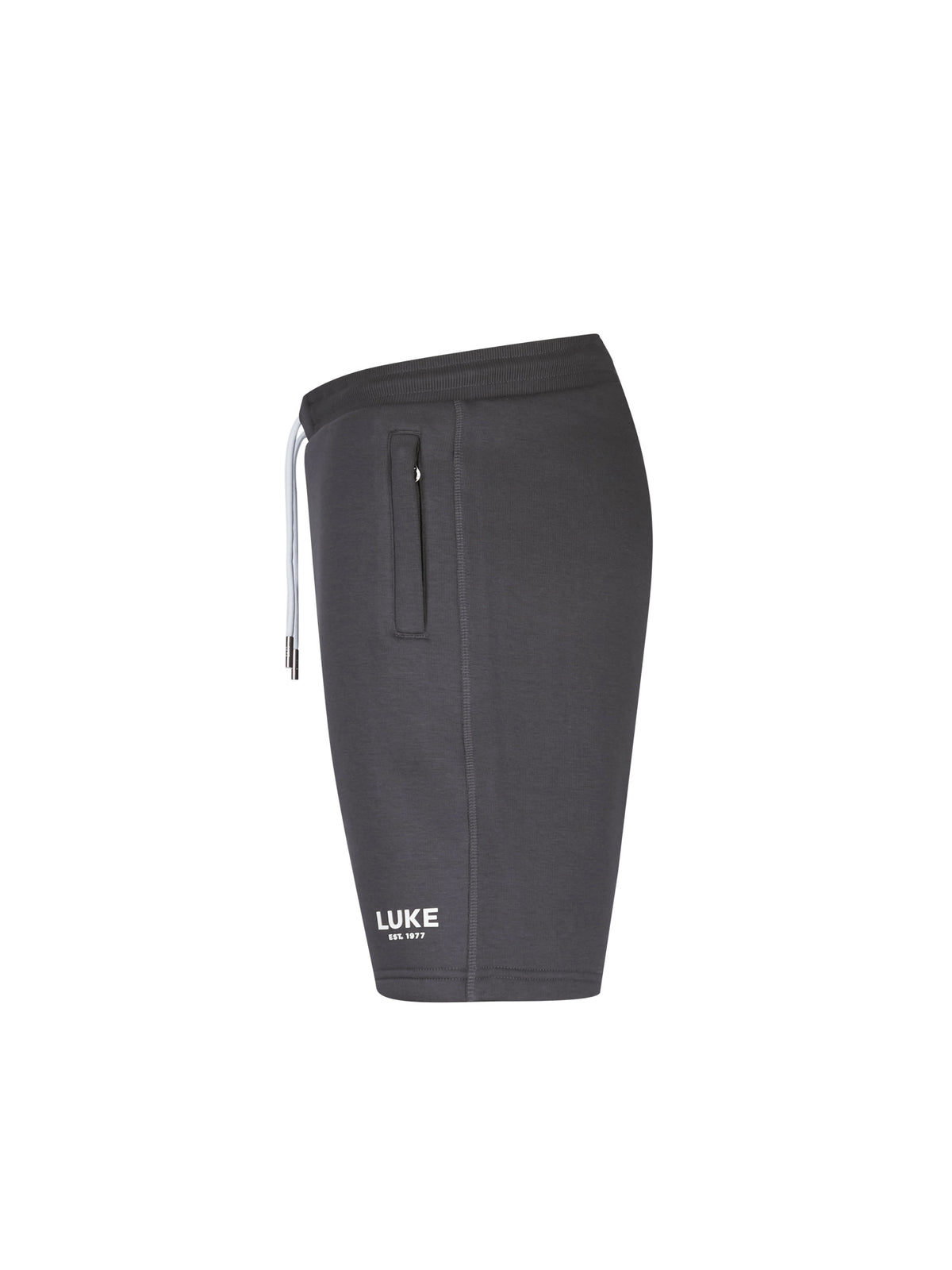 Men's grey shorts with drawstring waistband, side view