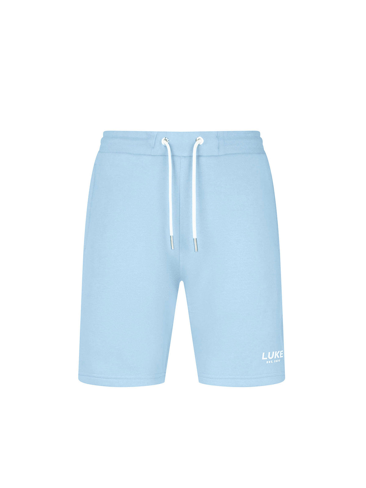 Men's blue shorts with drawstring waistband, front view