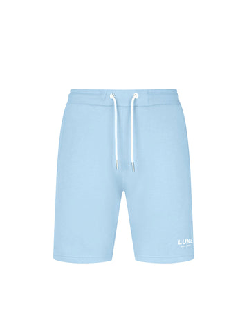Men's blue shorts with drawstring waistband, front view