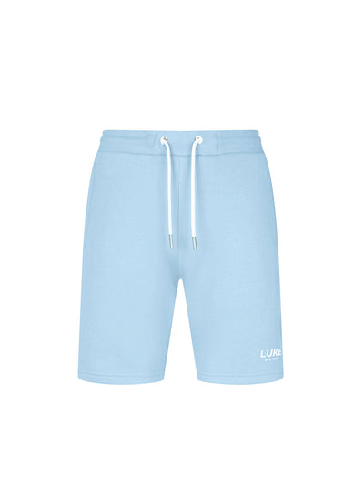 Men's blue shorts with drawstring waistband, front view