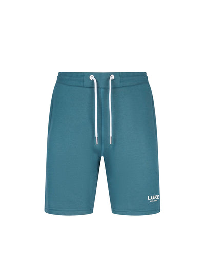 Men's blue shorts with drawstring waistband, front view